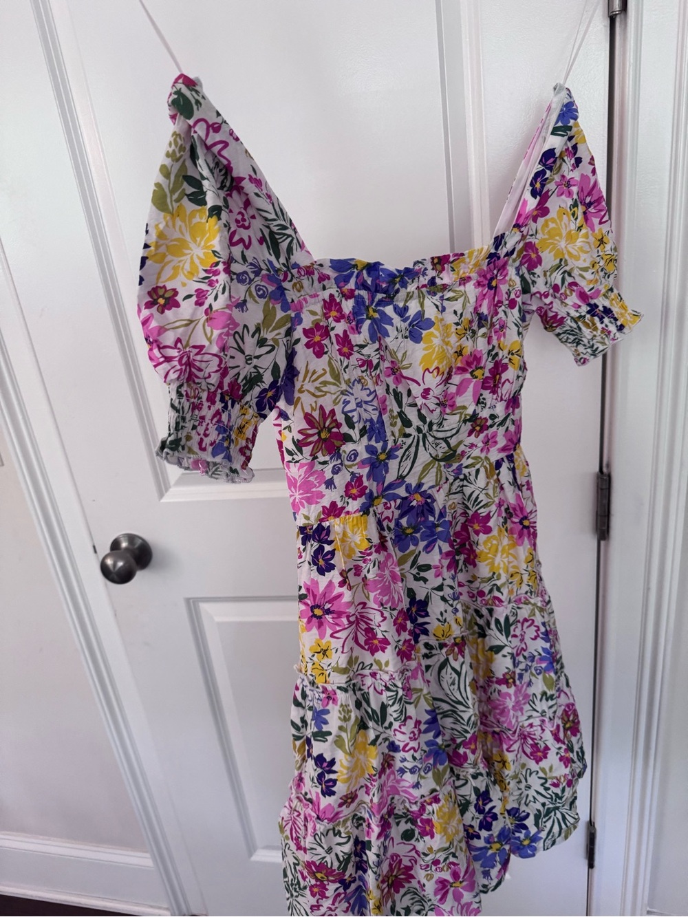 Floral Off-Shoulder Midi Dress in Pink, Yellow & Blue